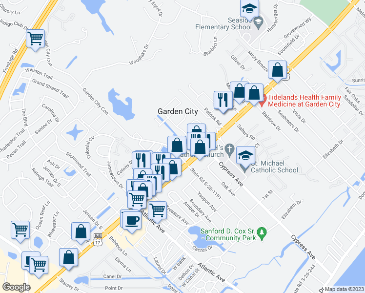 map of restaurants, bars, coffee shops, grocery stores, and more near 707 Garden Lake Drive in Murrells Inlet