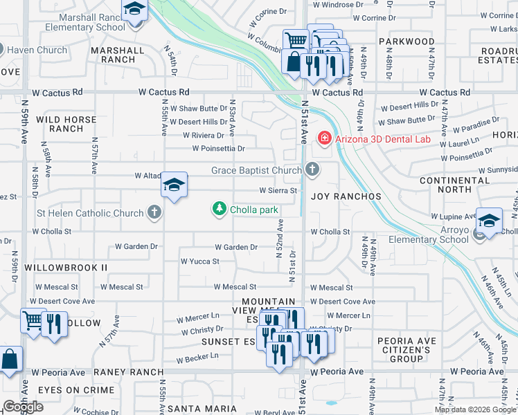 map of restaurants, bars, coffee shops, grocery stores, and more near 5219 West Sierra Street in Glendale