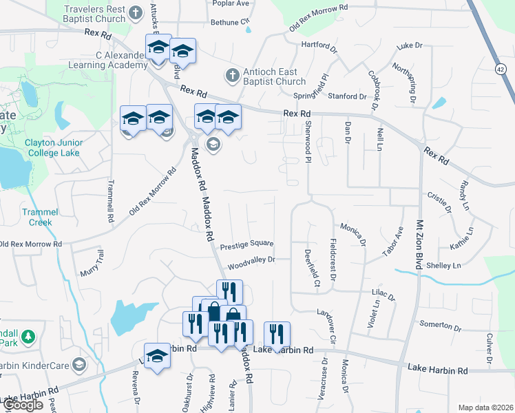 map of restaurants, bars, coffee shops, grocery stores, and more near 2396 Prestige Valley Court in Morrow