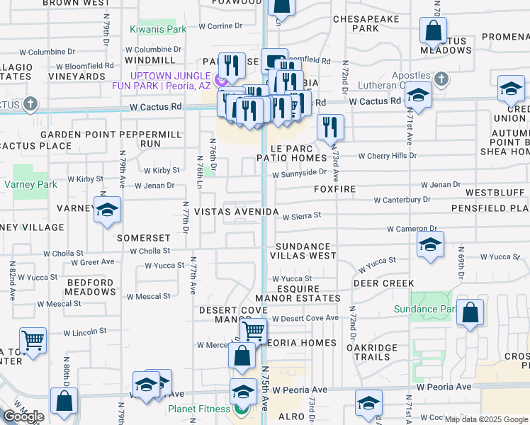 map of restaurants, bars, coffee shops, grocery stores, and more near 7515 West Jenan Drive in Peoria