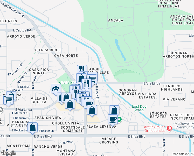 map of restaurants, bars, coffee shops, grocery stores, and more near 11543 North 114th Place in Scottsdale