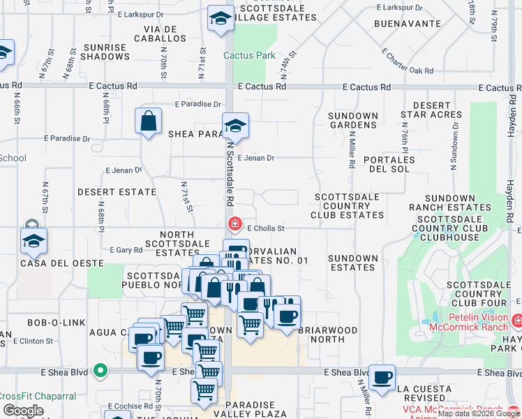 map of restaurants, bars, coffee shops, grocery stores, and more near 7301 East Kalil Drive in Scottsdale