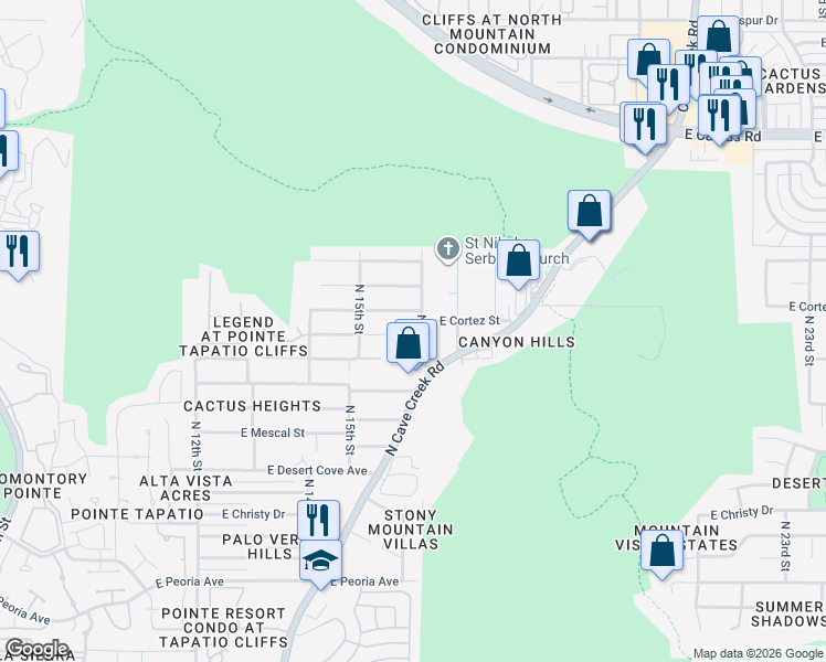 map of restaurants, bars, coffee shops, grocery stores, and more near 1543 East Cortez Street in Phoenix