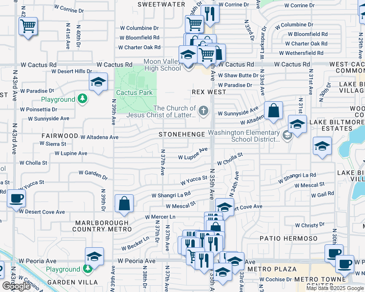 map of restaurants, bars, coffee shops, grocery stores, and more near 3616 West Sierra Street in Phoenix
