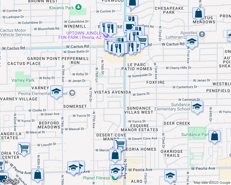 map of restaurants, bars, coffee shops, grocery stores, and more near 7515 West Jenan Drive in Peoria
