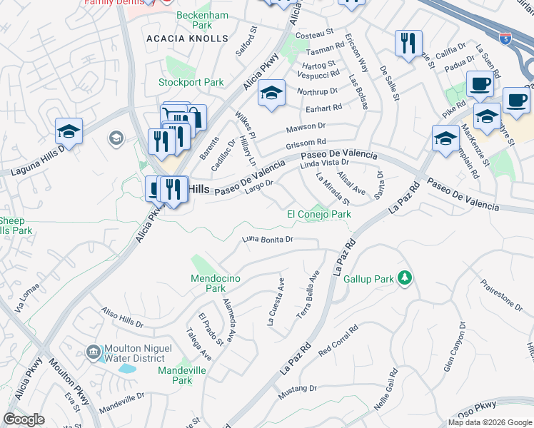 map of restaurants, bars, coffee shops, grocery stores, and more near 25011 Marin Court in Laguna Hills