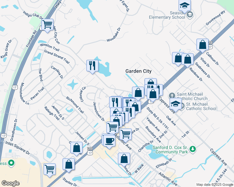 map of restaurants, bars, coffee shops, grocery stores, and more near 550 Garden City Connector in Murrells Inlet