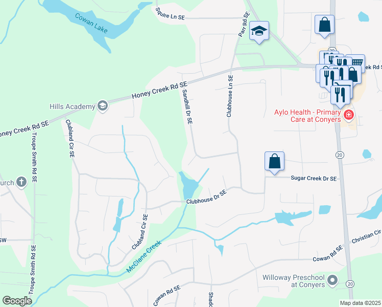 map of restaurants, bars, coffee shops, grocery stores, and more near 3705 Sandhill Drive Southeast in Conyers