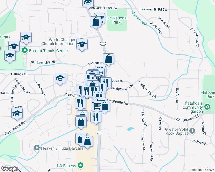 map of restaurants, bars, coffee shops, grocery stores, and more near 2390 Sandgate Road Southwest in Atlanta
