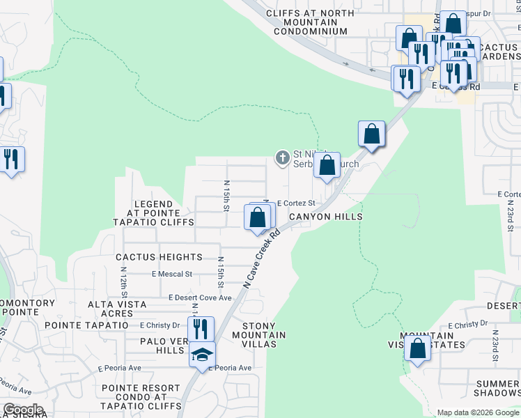 map of restaurants, bars, coffee shops, grocery stores, and more near 1543 East Cortez Street in Phoenix