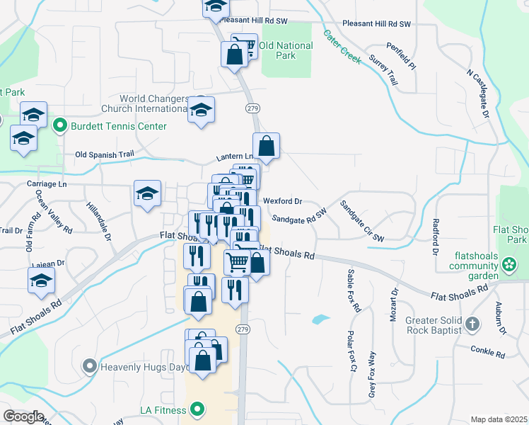 map of restaurants, bars, coffee shops, grocery stores, and more near 2390 Sandgate Road Southwest in Atlanta
