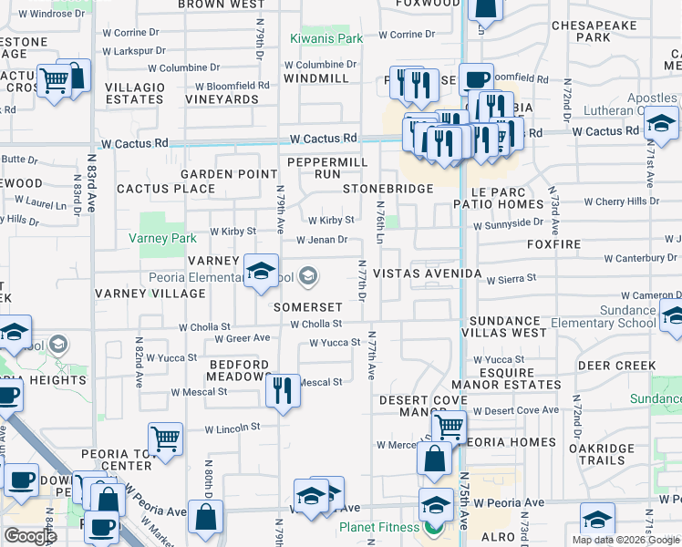 map of restaurants, bars, coffee shops, grocery stores, and more near 7721 West Canterbury Drive in Peoria