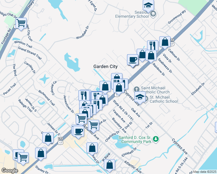 map of restaurants, bars, coffee shops, grocery stores, and more near 707 Garden Lake Drive in Murrells Inlet