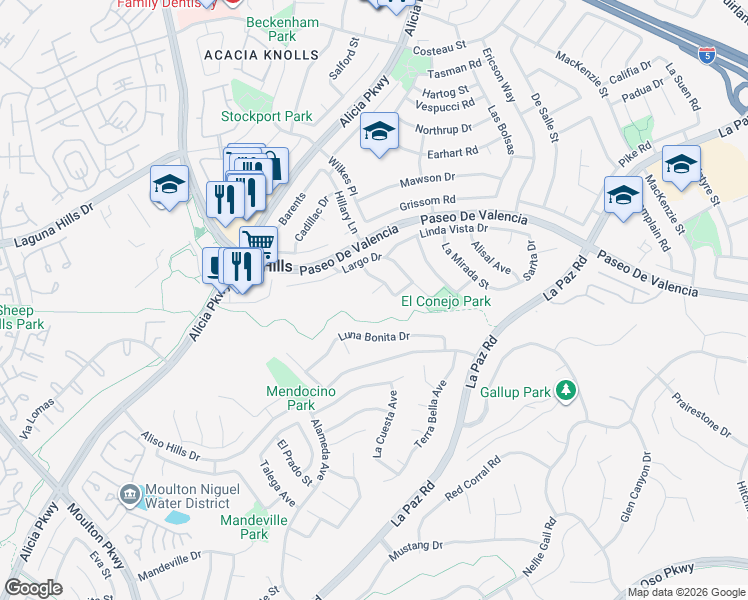 map of restaurants, bars, coffee shops, grocery stores, and more near 25011 Marin Court in Laguna Hills