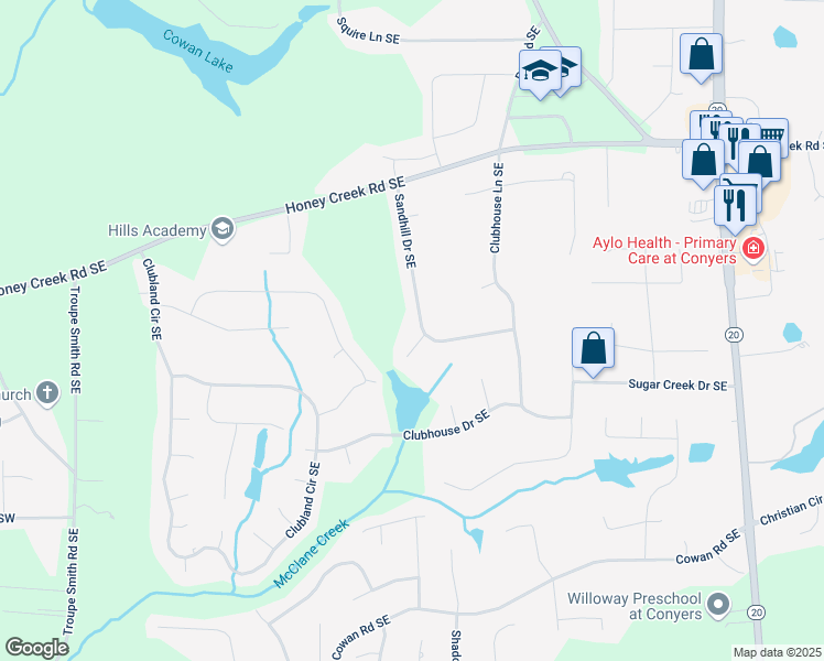 map of restaurants, bars, coffee shops, grocery stores, and more near 3705 Sandhill Drive Southeast in Conyers