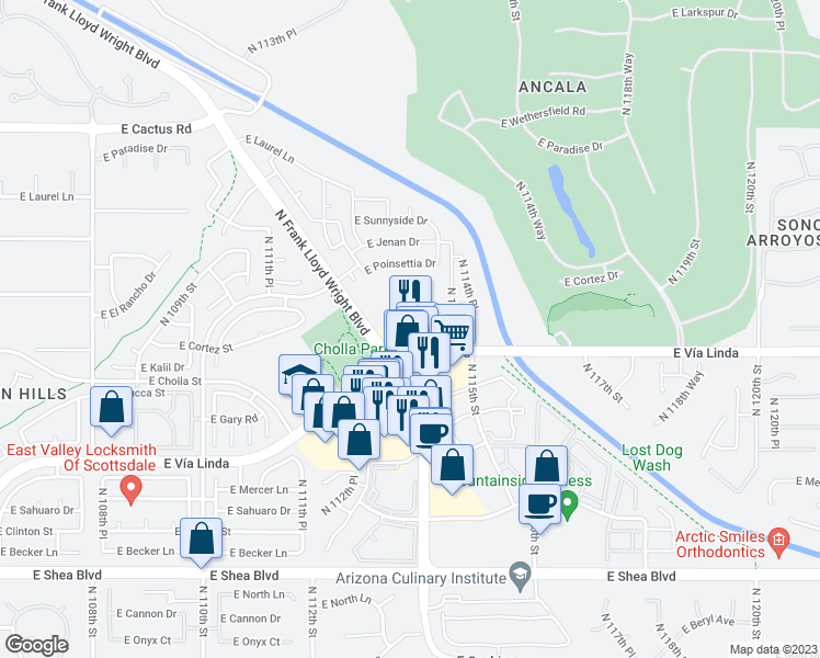 map of restaurants, bars, coffee shops, grocery stores, and more near 11300 East Vía Linda in Scottsdale
