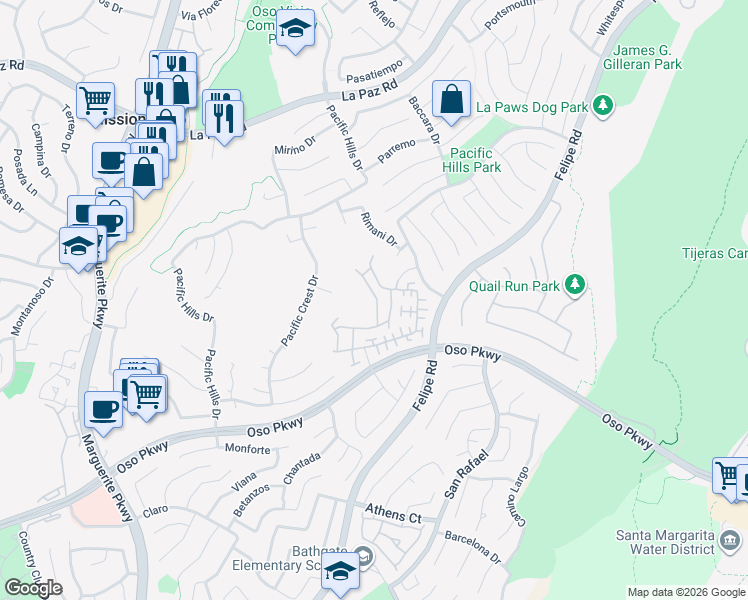 map of restaurants, bars, coffee shops, grocery stores, and more near 32 Le Mans in Mission Viejo