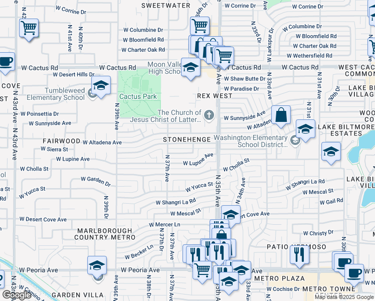 map of restaurants, bars, coffee shops, grocery stores, and more near 3616 West Sierra Street in Phoenix