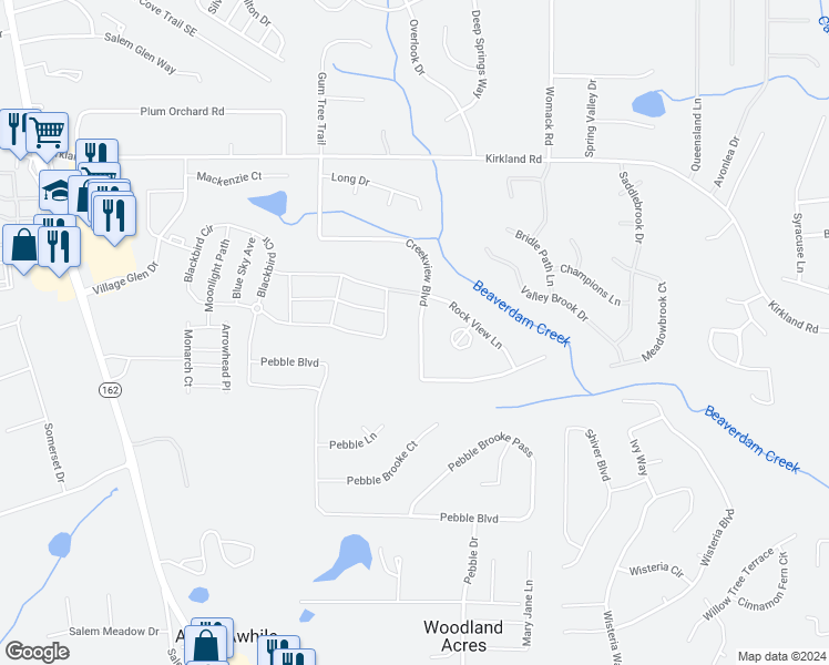 map of restaurants, bars, coffee shops, grocery stores, and more near 370 Creekview Boulevard in Covington