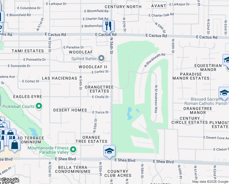 map of restaurants, bars, coffee shops, grocery stores, and more near 11465 North 56th Street in Scottsdale