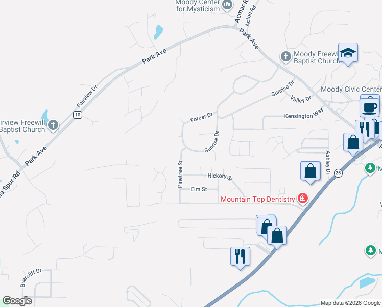 map of restaurants, bars, coffee shops, grocery stores, and more near 2407 Sunrise Drive in Moody