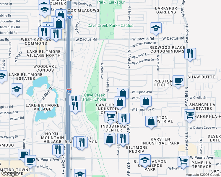 map of restaurants, bars, coffee shops, grocery stores, and more near 11448 North 24th Drive in Phoenix