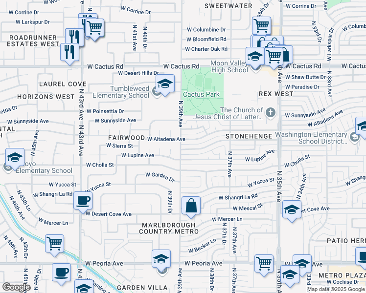 map of restaurants, bars, coffee shops, grocery stores, and more near 3901 West Altadena Avenue in Phoenix