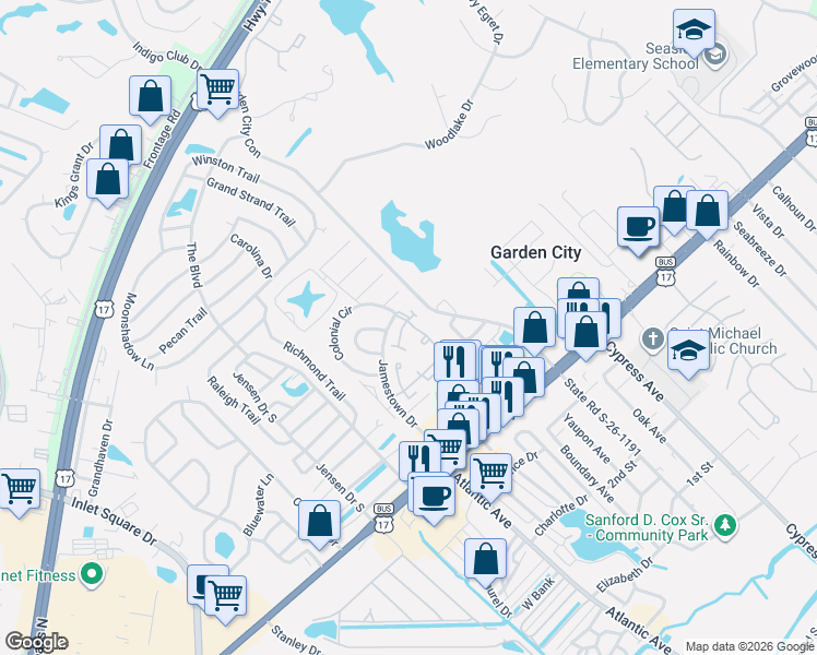 map of restaurants, bars, coffee shops, grocery stores, and more near 912 Prince William Court in Murrells Inlet