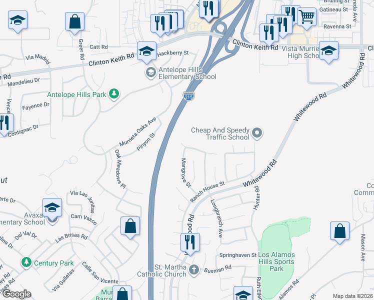 map of restaurants, bars, coffee shops, grocery stores, and more near 27394 Snowfield Street in Murrieta