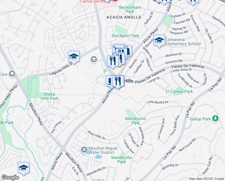 map of restaurants, bars, coffee shops, grocery stores, and more near 25632 Alicia Parkway in Laguna Hills