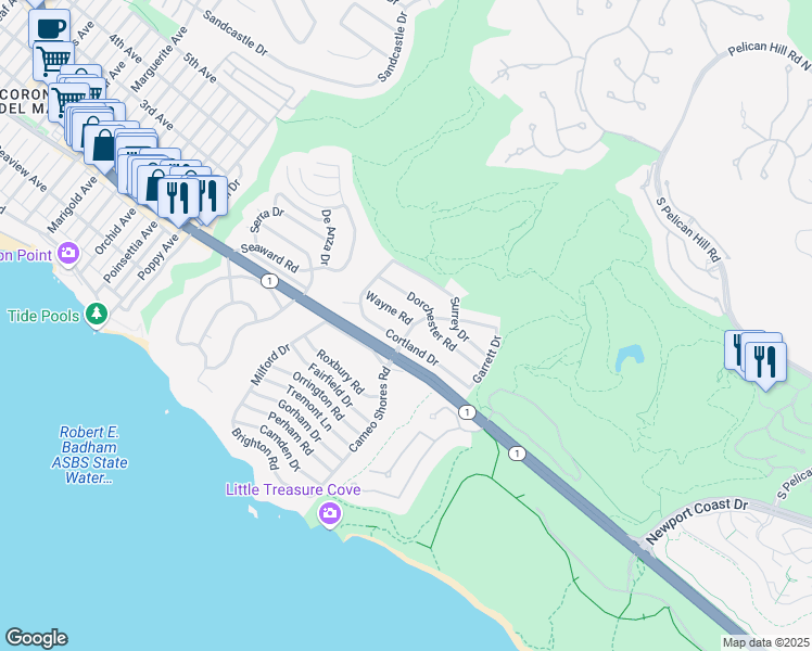 map of restaurants, bars, coffee shops, grocery stores, and more near 4621 Wayne Road in Newport Beach