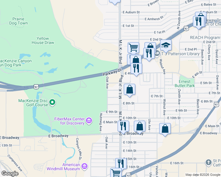 map of restaurants, bars, coffee shops, grocery stores, and more near 1502 East 5th Street in Lubbock