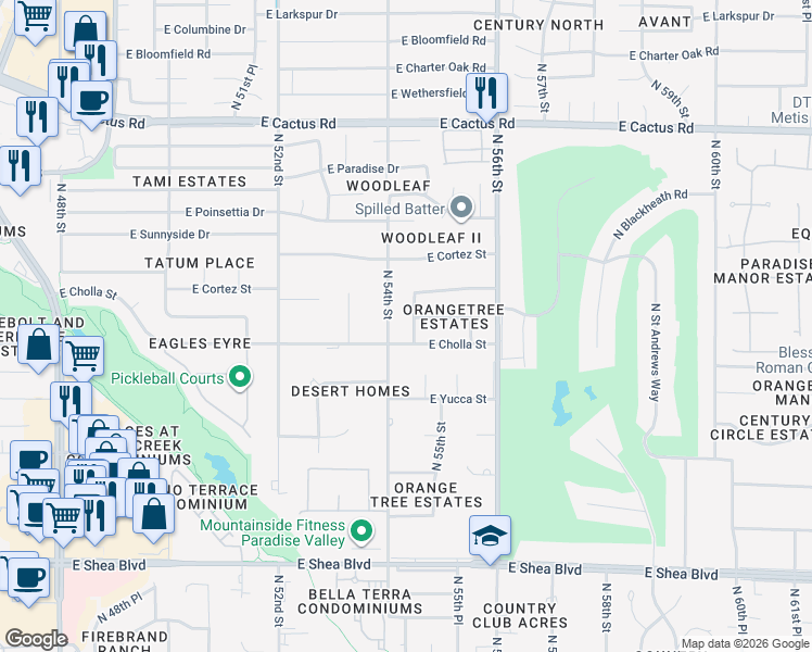 map of restaurants, bars, coffee shops, grocery stores, and more near 11425 North 54th Street in Scottsdale