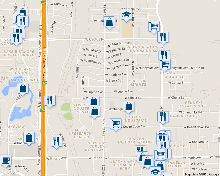 map of restaurants, bars, coffee shops, grocery stores, and more near 2230 West Cortez Street in Phoenix