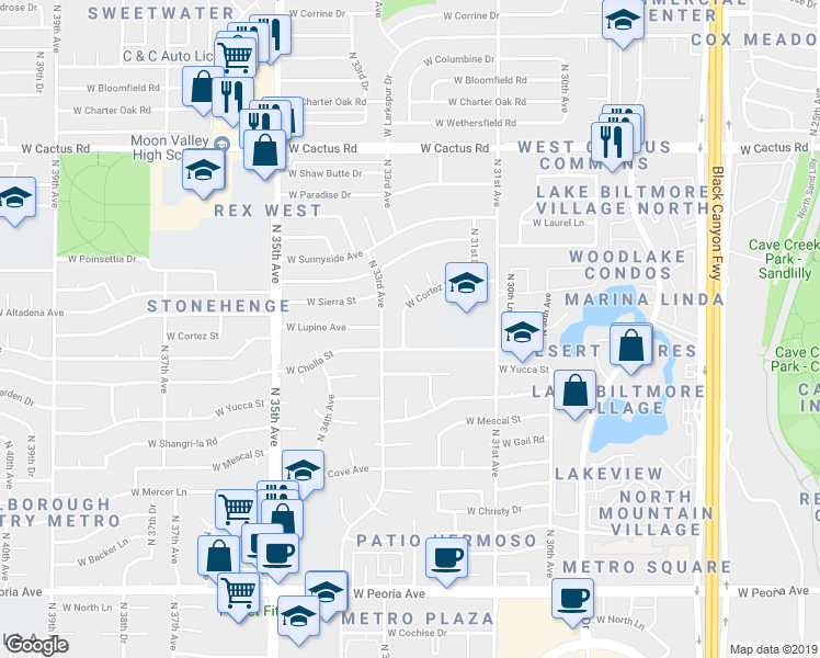 map of restaurants, bars, coffee shops, grocery stores, and more near 11433 North 33rd Avenue in Phoenix