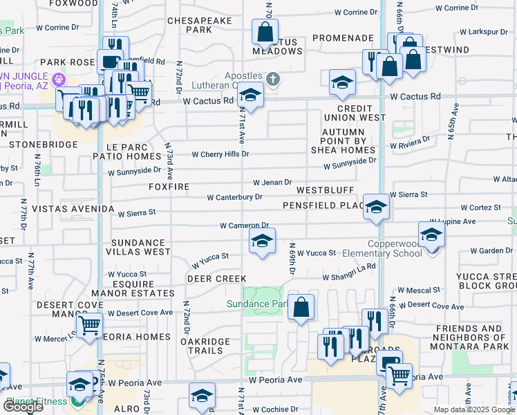 map of restaurants, bars, coffee shops, grocery stores, and more near 7027 West Canterbury Drive in Peoria