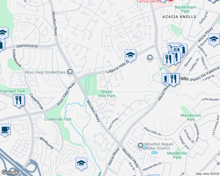 map of restaurants, bars, coffee shops, grocery stores, and more near 24 Carriage Hill Lane in Laguna Hills