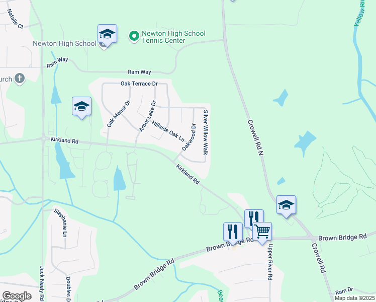 map of restaurants, bars, coffee shops, grocery stores, and more near 40 Oakwood Drive in Covington