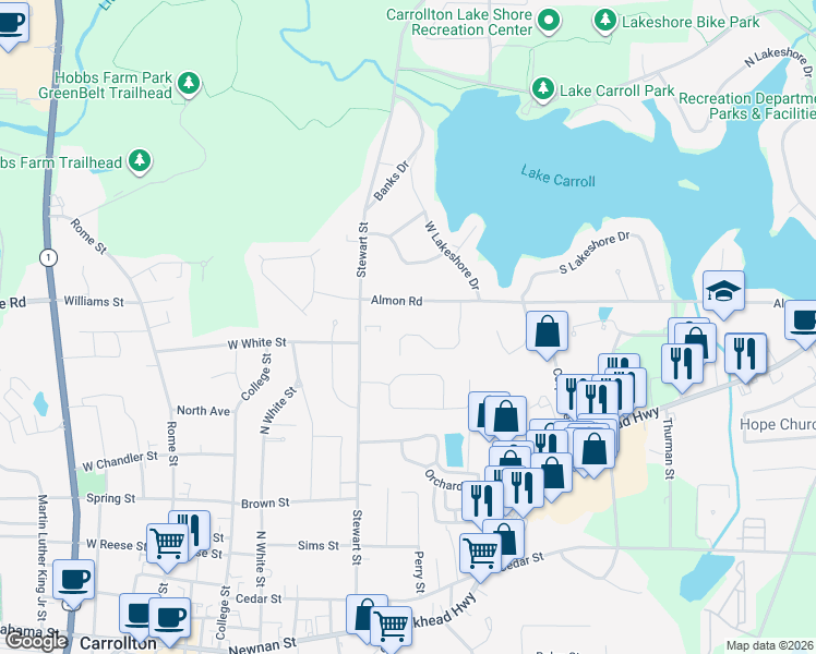 map of restaurants, bars, coffee shops, grocery stores, and more near 138 Autumn Glen Drive in Carrollton
