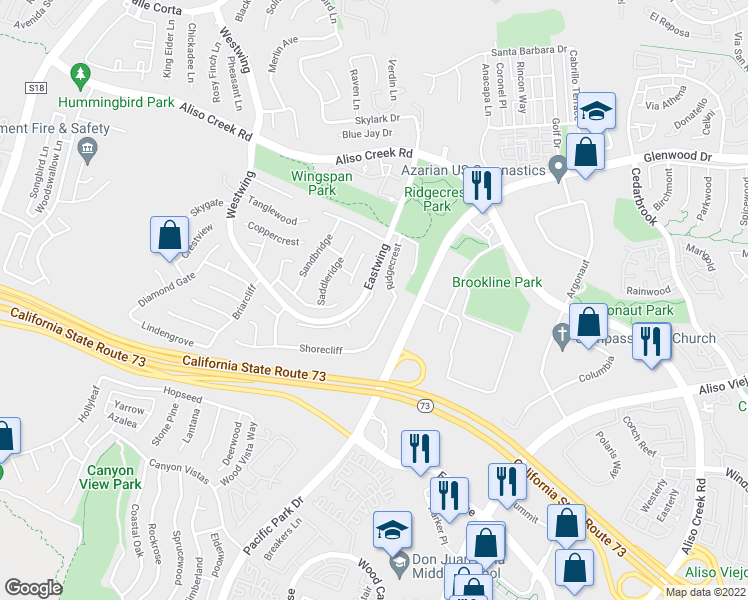 map of restaurants, bars, coffee shops, grocery stores, and more near 46 Flintstone in Aliso Viejo