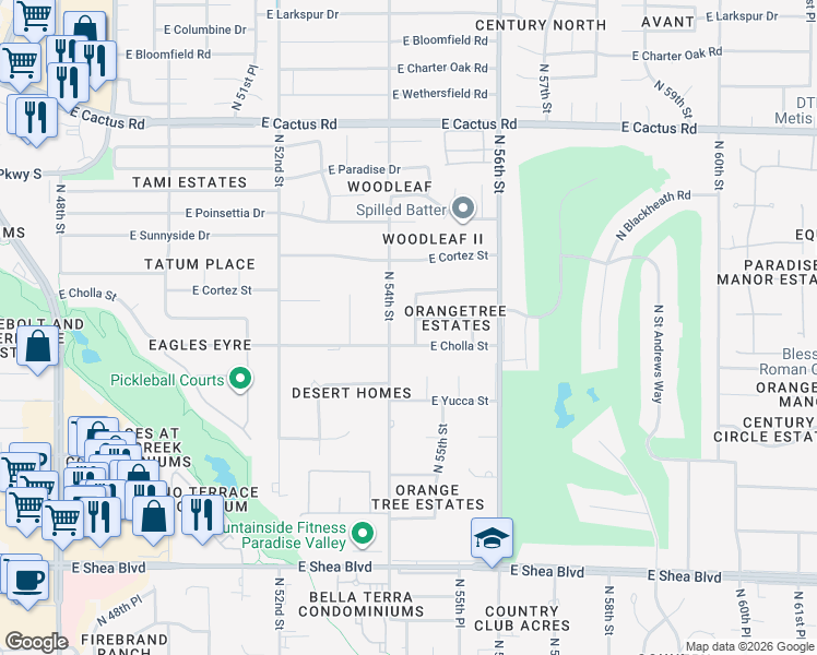 map of restaurants, bars, coffee shops, grocery stores, and more near 11425 North 54th Street in Scottsdale