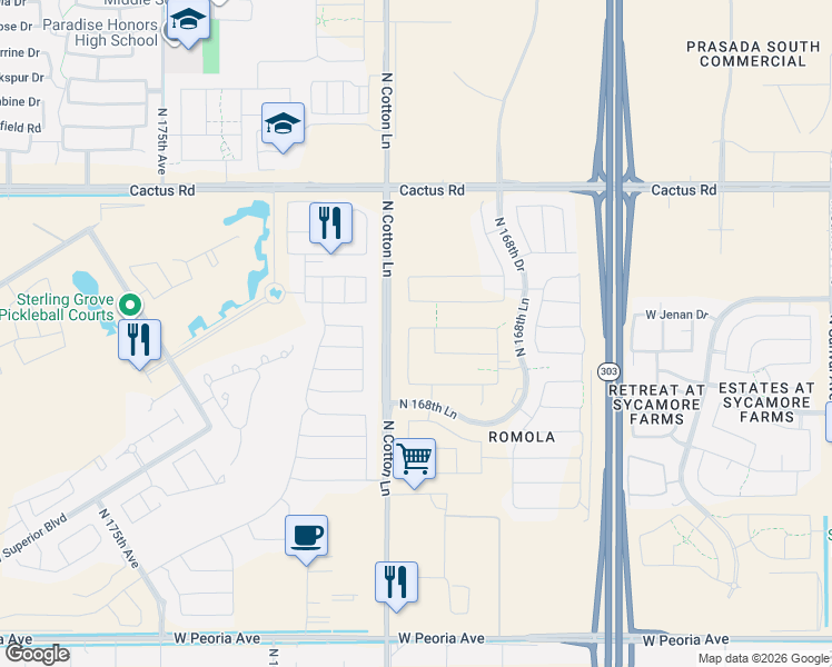 map of restaurants, bars, coffee shops, grocery stores, and more near 11784 North Cotton Lane in Surprise