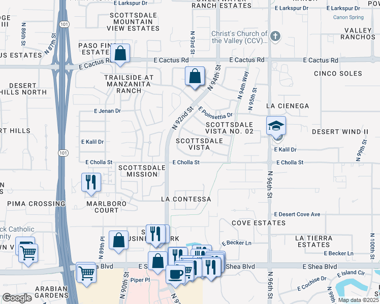 map of restaurants, bars, coffee shops, grocery stores, and more near 9295 East Kalil Drive in Scottsdale