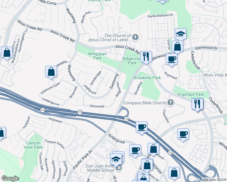 map of restaurants, bars, coffee shops, grocery stores, and more near 46 Flintstone in Aliso Viejo