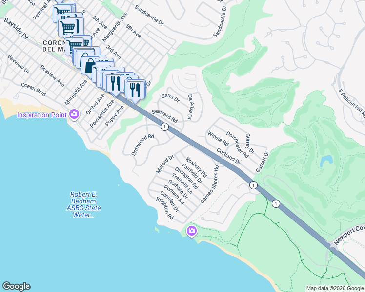 map of restaurants, bars, coffee shops, grocery stores, and more near 333 Milford Drive in Newport Beach