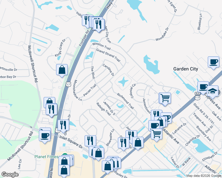 map of restaurants, bars, coffee shops, grocery stores, and more near 3115 Palmetto Drive in Murrells Inlet