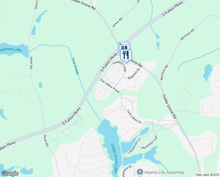 map of restaurants, bars, coffee shops, grocery stores, and more near 7855 The Lakes Point in Fairburn