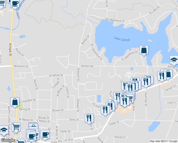 map of restaurants, bars, coffee shops, grocery stores, and more near 138 Autumn Glen Drive in Carrollton