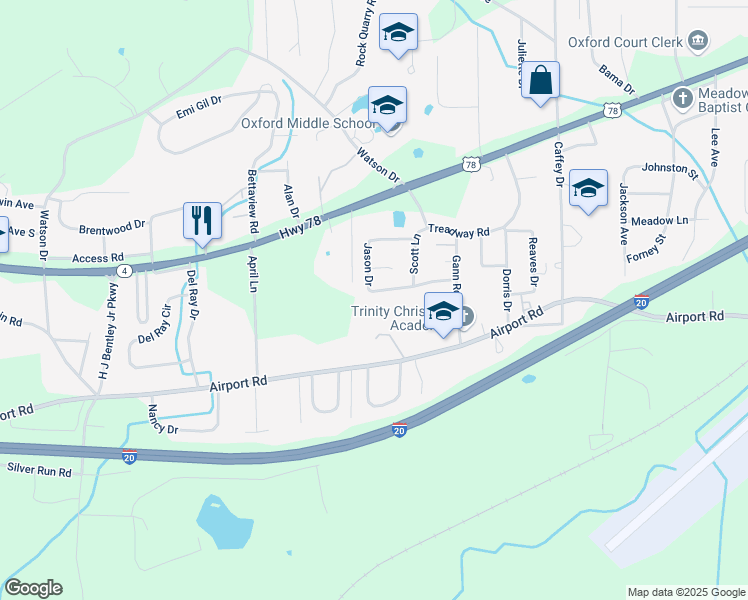map of restaurants, bars, coffee shops, grocery stores, and more near 109 Jason Drive in Oxford