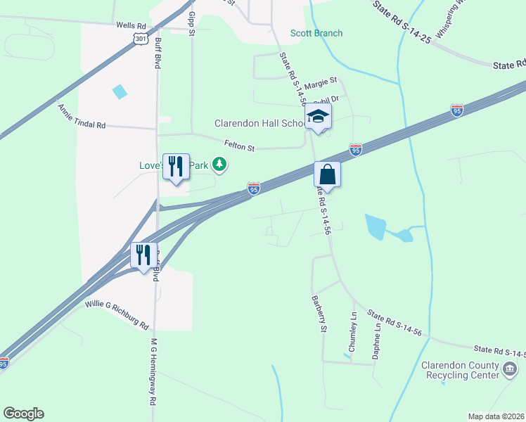 map of restaurants, bars, coffee shops, grocery stores, and more near Interstate 95 in Summerton
